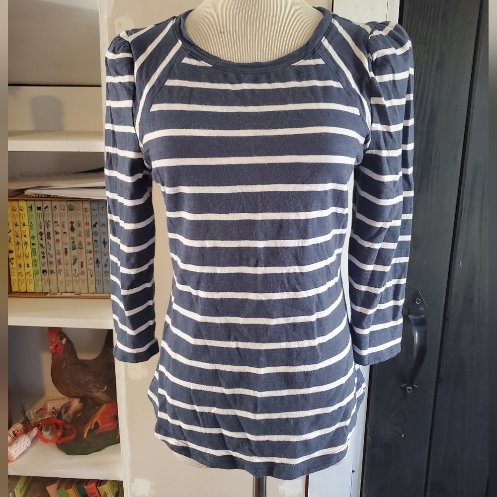 White House Black Market Striped Puff Shoulders 3/4 Sleeve Blue Women XS Raglan